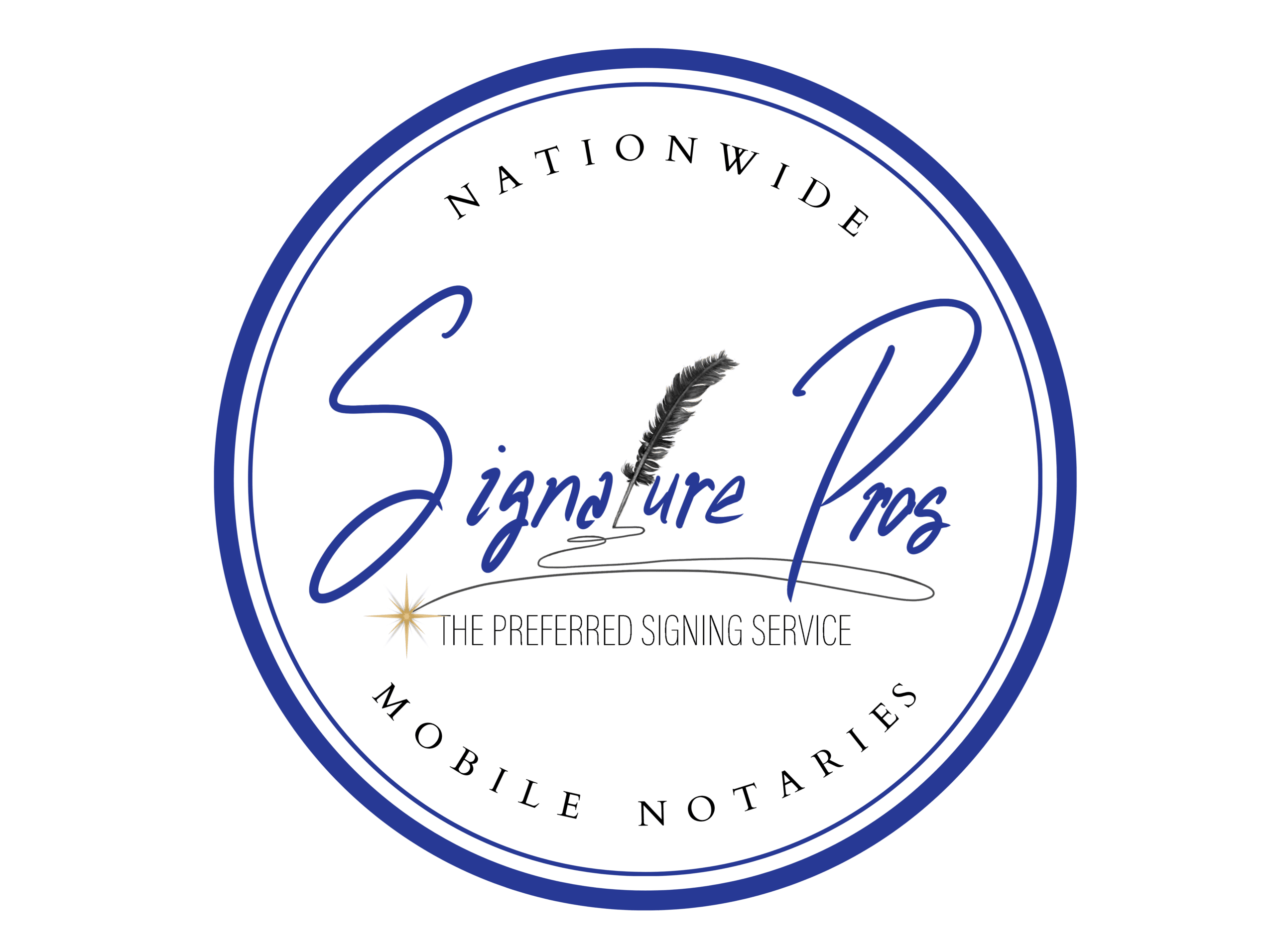 Logo with text "Signature Pros" and feather.